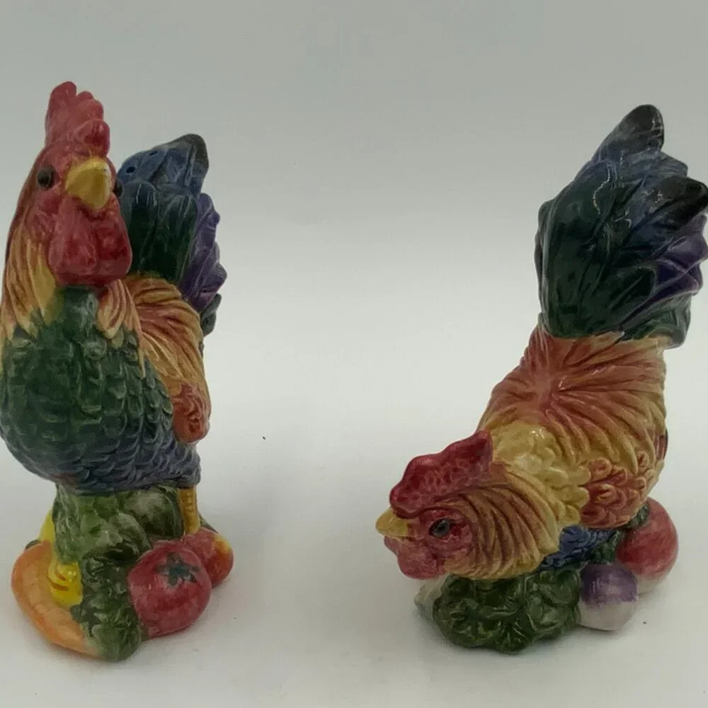1996 Fritz & Floyd Hen and Rooster Salt & Pepper Shakers Fruit & Veggies